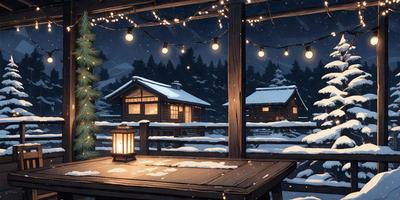 The primary subject of the image is a wooden table with a lit candle on it, situated in a snowy setting. The table is surrounded by a fence and is located near a cabin. The setting appears to be a wintery, snowy environment, and the visual style is a combination of photo and digital art. The colors and mood of the image are predominantly white and cold, with the lit candle providing a warm and inviting touch to the otherwise chilly scene.